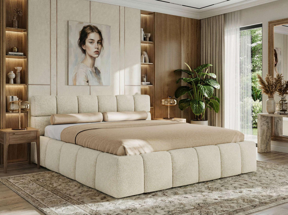 POLSTERBETT NIRA CLASSIC 200/200 - Creme Strukture - Multipocket-Matratze - Creme, Textil (200/200cm) - MKS