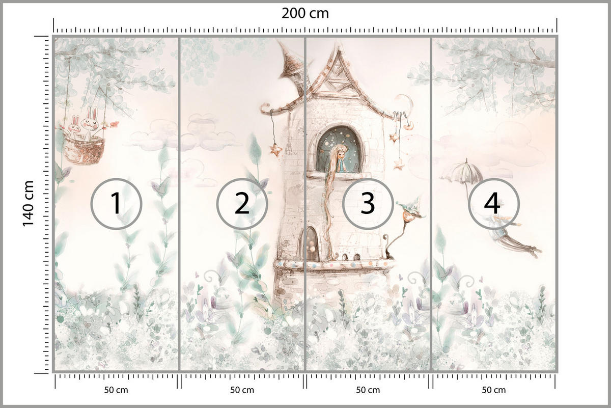 FOTOTAPETE für Kinderzimmer Die Prinzessin im Turm Märchen Pflanzen 200x140 - Beige, Papier (200/140cm) - Muralo