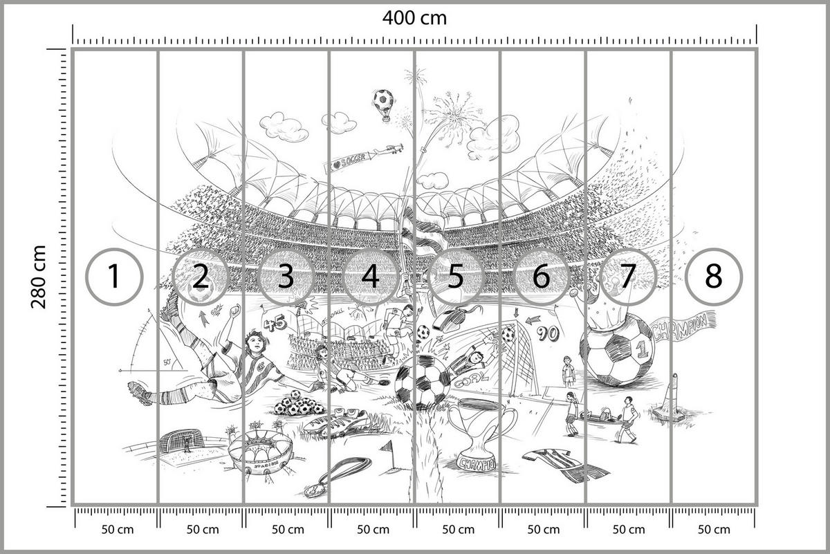 FOTOTAPETE für Kinderzimmer Fußballstadion Skizze Spieler Ball Pokal Sport 400x280 - Weiß/Grau, Papier (400/280cm) - Muralo