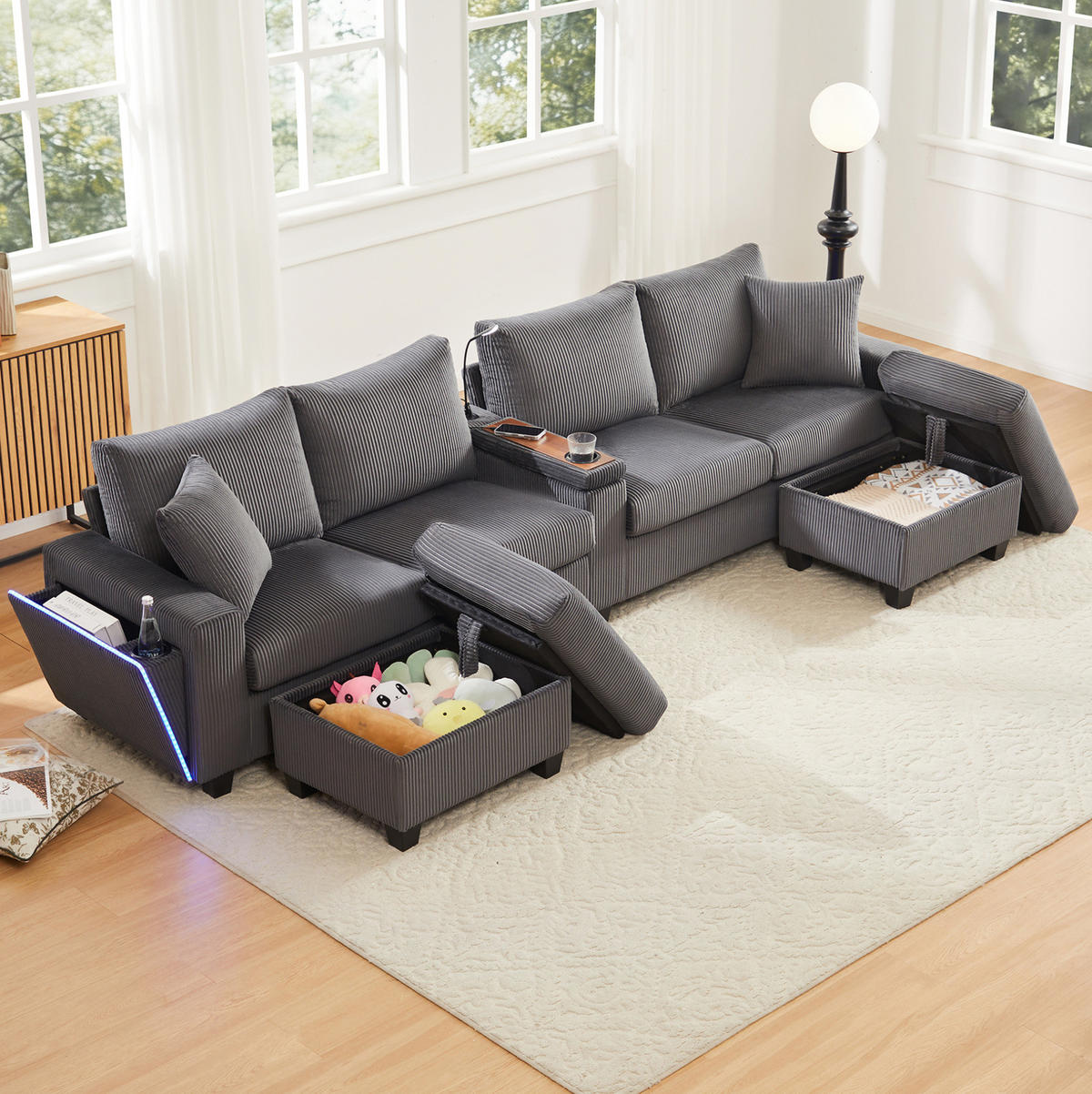 SOFA in U-Form mit 2 Hockern Grau Cord 334 cm - Grau, Holz (128.5/81/334cm) - Meubliv