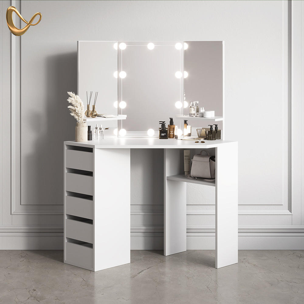ECKSCHMINKTISCH Enna Weiß 110 cm mit LED Beleuchtung - Weiß, Holzwerkstoff (110/141.5/54cm) - Livinity®