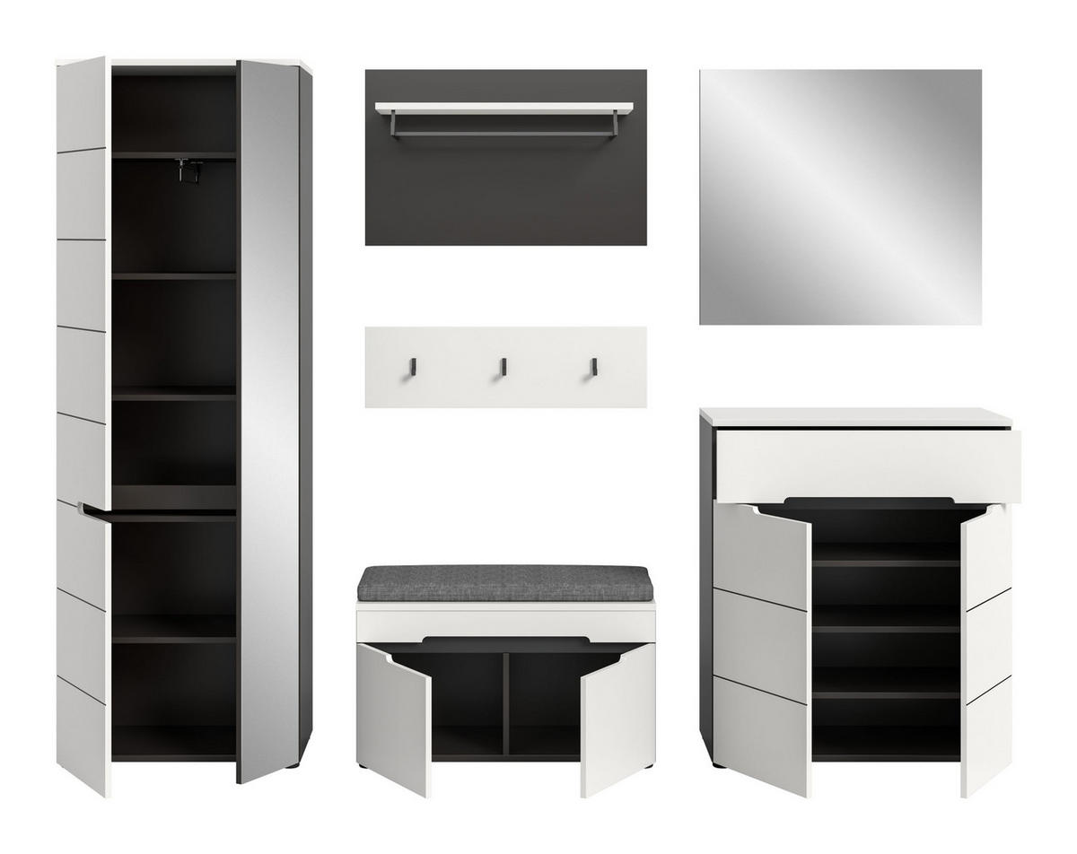 GARDEROBEN-SET inkl. Sitzkissen CANU 6-tlg. (B/H/T: ca. 255/190/37 cm) in Basalt grau/weiß - Grau, Holzwerkstoff (255/190/37cm)