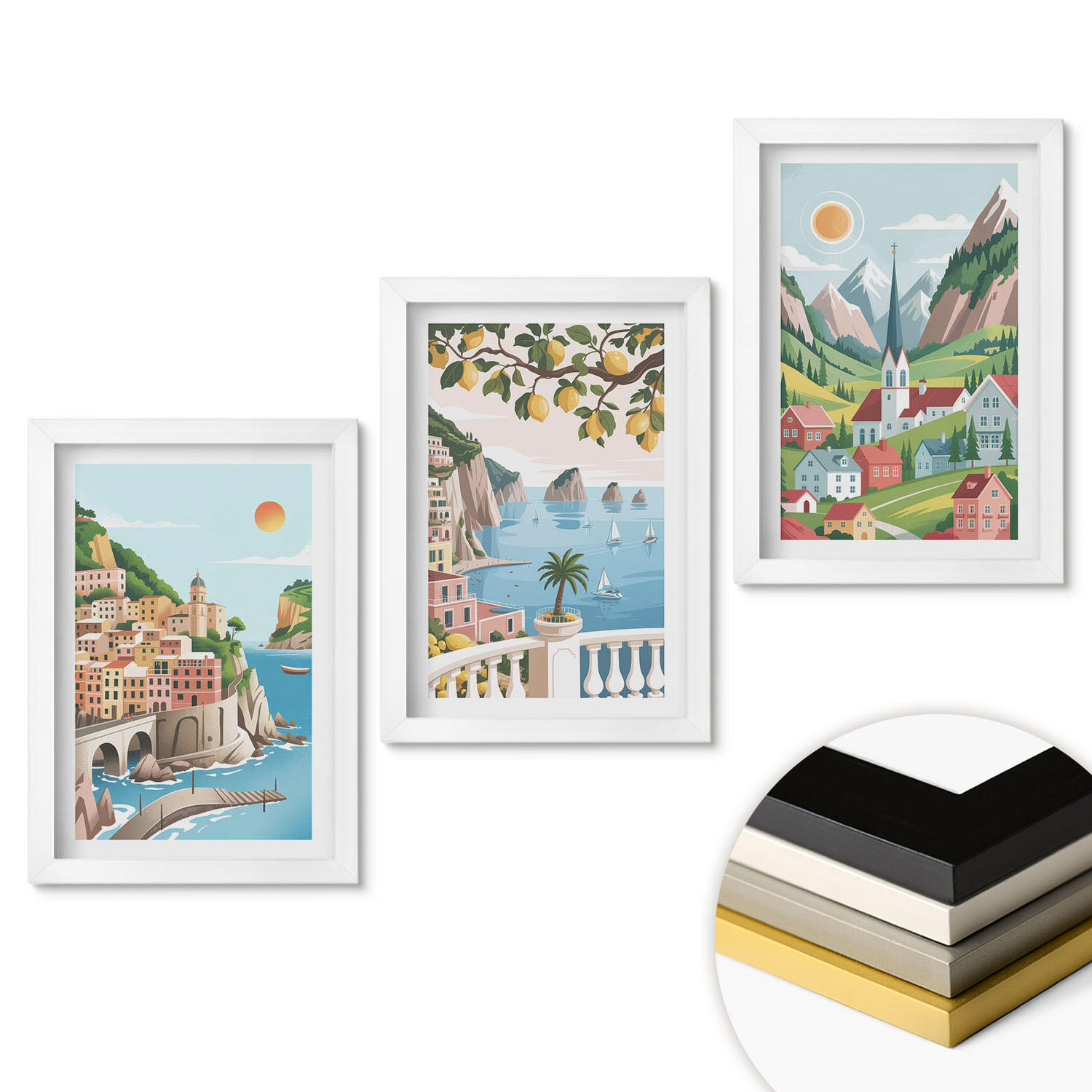 WANDBILDER 3er-Set - 20x30 cm Weißer Rahmen - Landschaften, Meer, Zitrusfrüchte - Weiß, Kunststoff (20/30cm) - ArtPrintCave