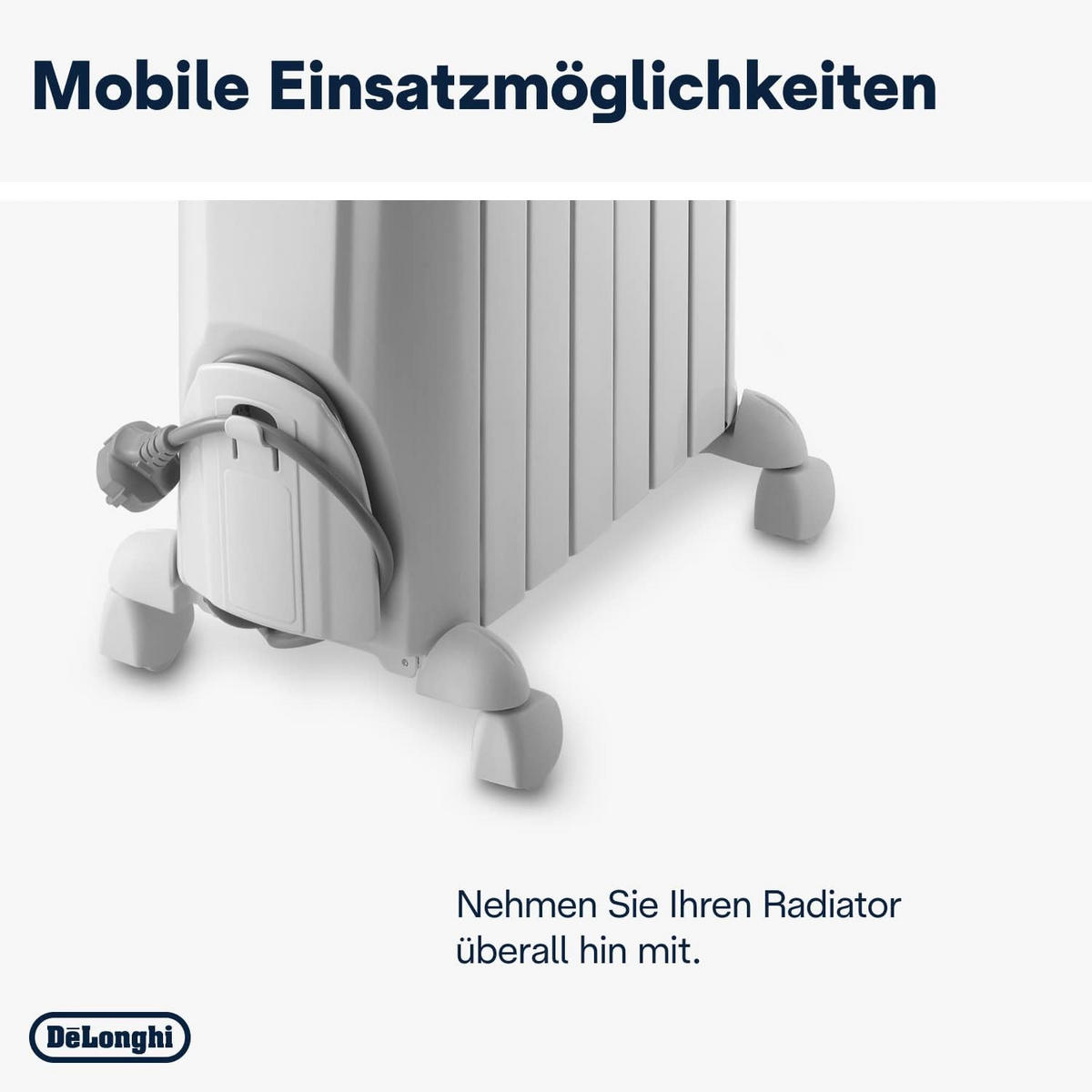 ÖLRADIATOR – 1500W Heizkörper mit Frostschutz, Verstellbarem Thermostat, Keramikdesign & Mobilen Klapprädern für Effiziente Wärme - Schwarz/Weiß, Keramik/Kunststoff (28/63/14cm) - De'Longhi