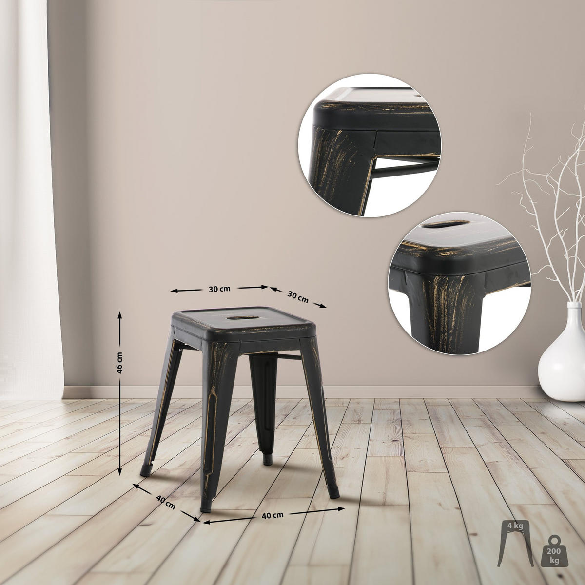 SITZHOCKER Arvida antik schwarz-gold - Schwarz, Metall (40/46/40cm) - TPFLiving