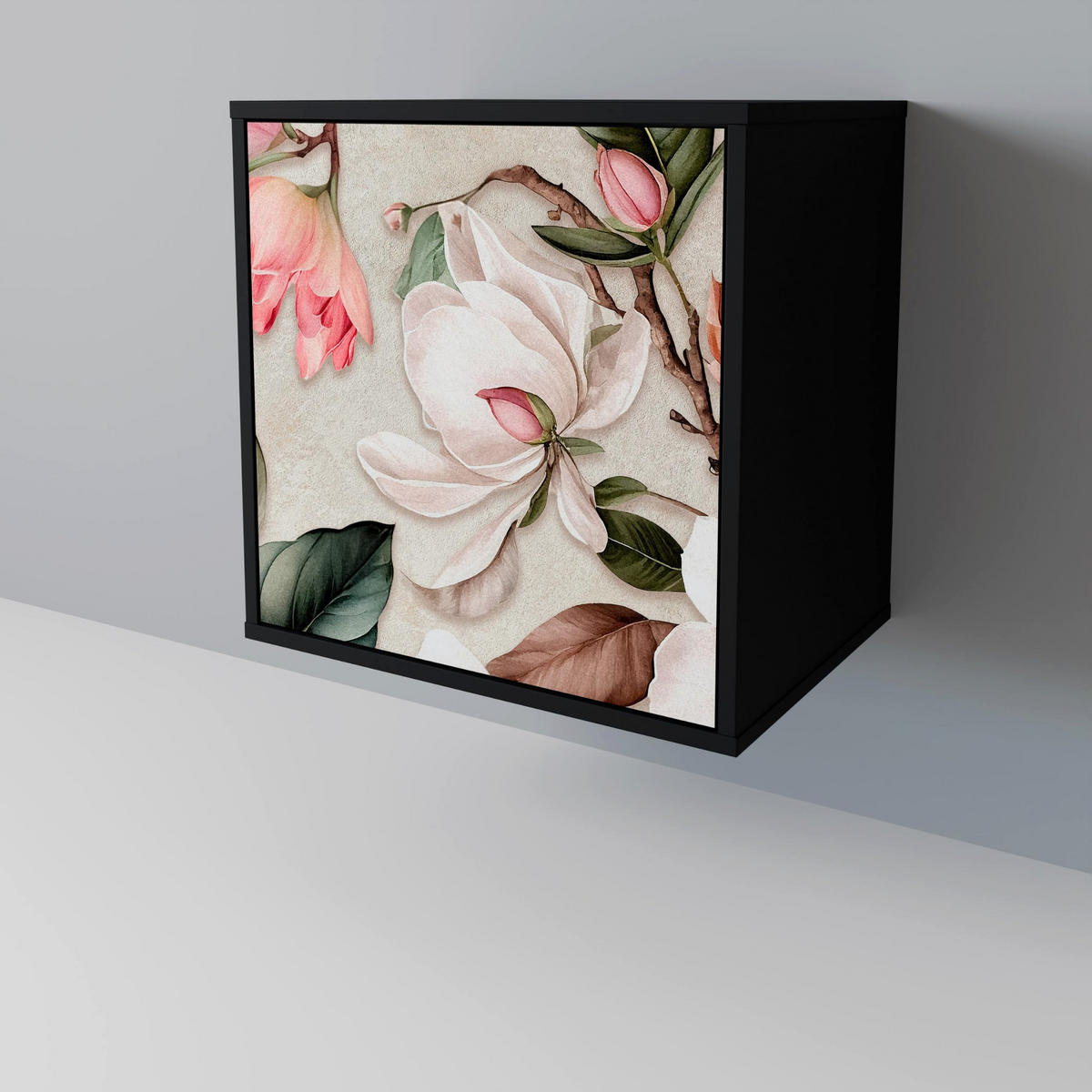 SIDEBOARD FLORAL GRACE, Schwarz, 57,5x42x67,5 cm, Schwarze Metall-Rahmenfüße - Multicolor/Schwarz, Holzwerkstoff/Metall (57.5/67.5/42cm) - SpaceRebels