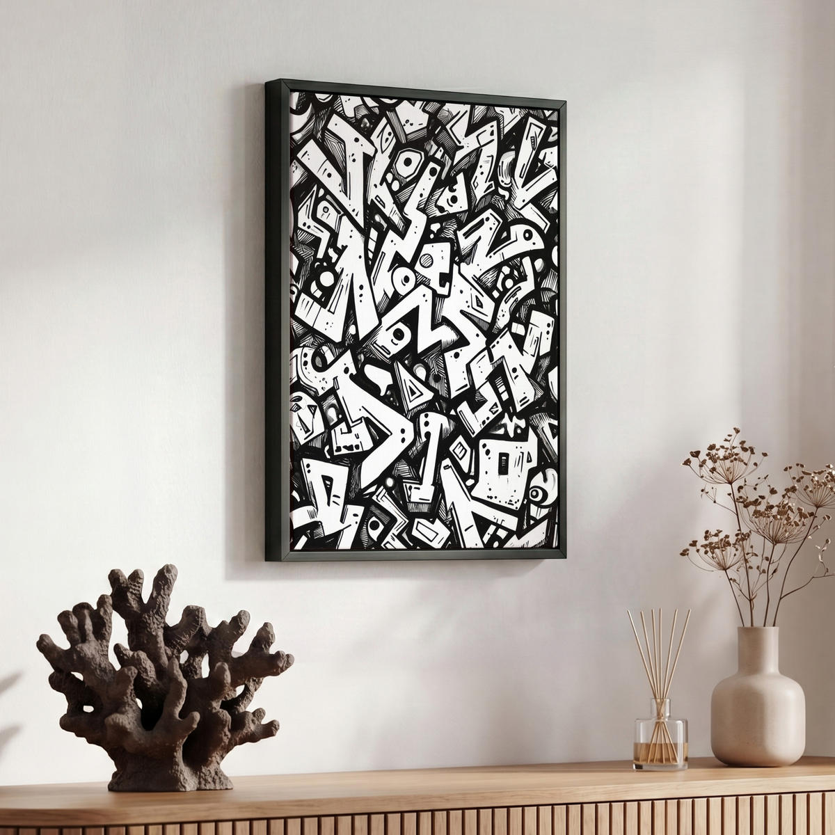LEINWAND Bilder mit Rahmen - Formen - Buchstaben - Graffiti - Schwarz - 30x40 - Schwarz, Textil (30/40cm) - MuchoWow