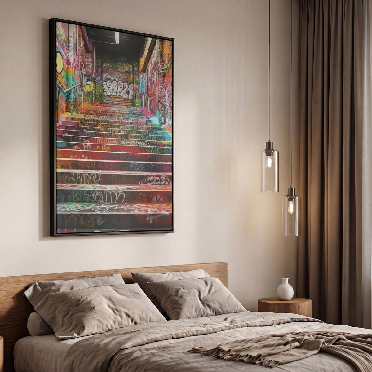 LEINWAND Bilder mit Rahmen - Treppe - Graffiti - Farben - Kunst - 60x90 - Multicolor, Textil (60/90cm) - MuchoWow