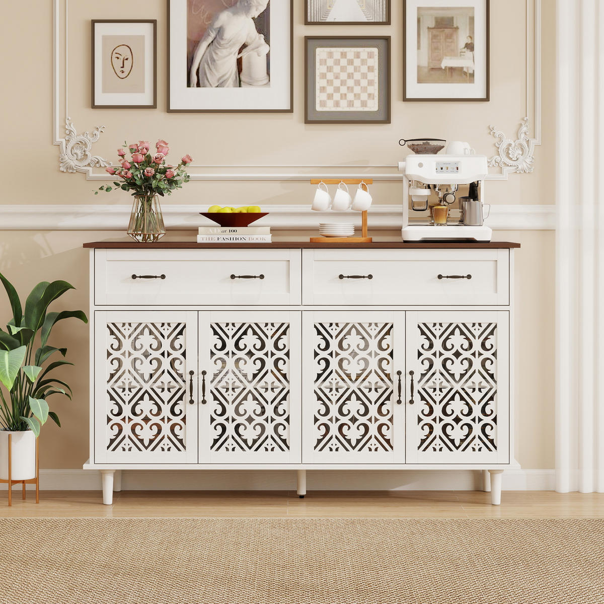 SIDEBOARD aus Spanplatte und Massivholz 150x40x93 cm Weiß mit 4 Türen, 2 Schubladen, verstellbaren Einlegeböden und Vintage-Front - Weiß, Holzwerkstoff (150/90.3/40cm) - Modfu