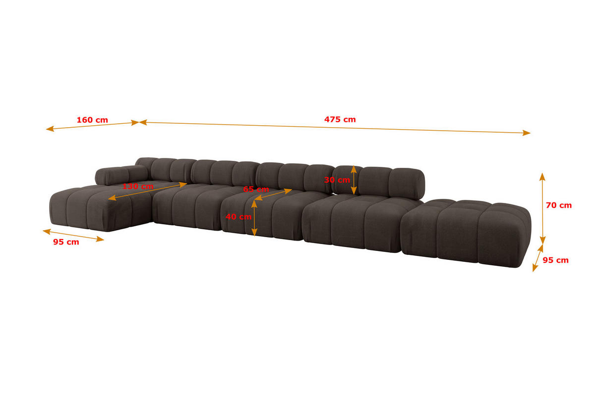 ECKSOFA modulares Sofa Lizur-L3 - 475x160x70 cm Braun Velours - Braun, Holzwerkstoff/Textil (475/160cm) - ALTDECOR