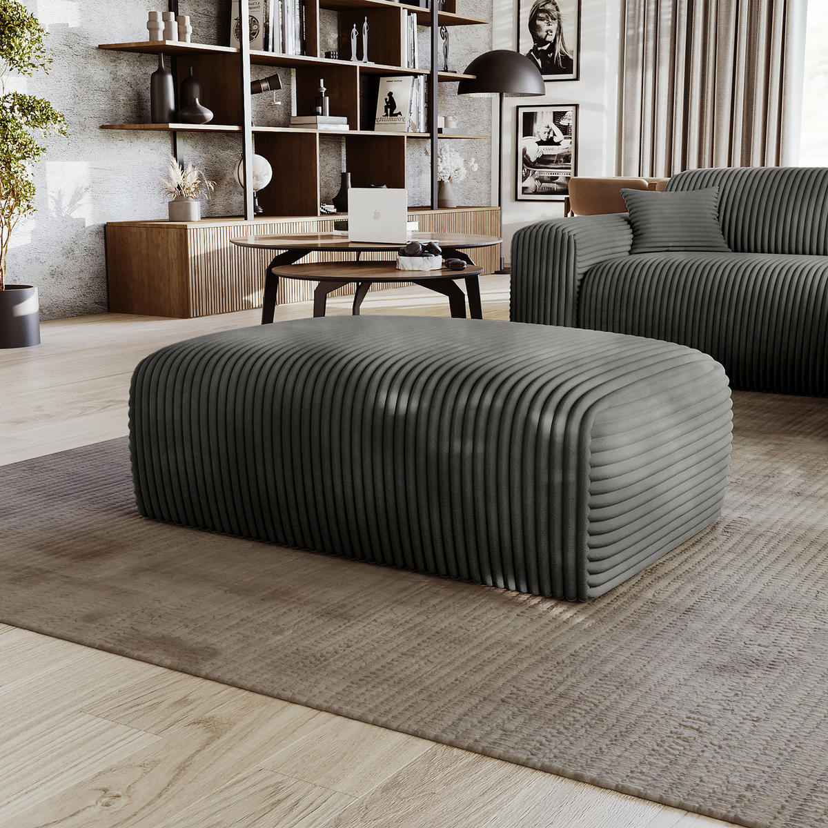 POLSTERHOCKER - Cord - Schwarz/Grau, Kunststoff/Textil (110/40/72cm) - home24