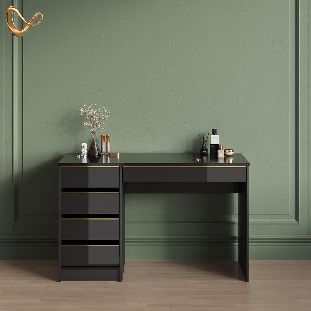 SCHMINKTISCH Imola Schwarz/Gold ohne Spiegel - Goldfarben/Schwarz, Holzwerkstoff (55/120/75cm) - Livinity®