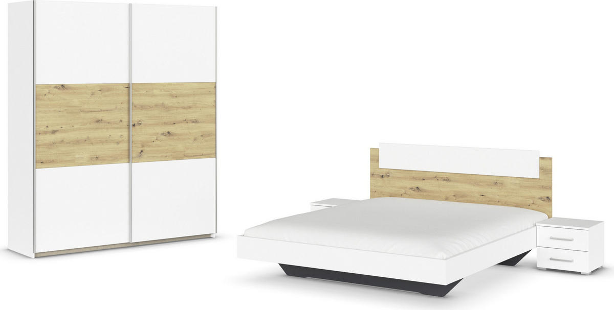 SCHLAFZIMMER Borba in Weiß und Eiche 4 teilig – mit Bettanlage 160x200cm, zwei Nachttisch und Schwebetürenschrank 175cm Breite - Weiß, Holzwerkstoff (80/200/120cm)