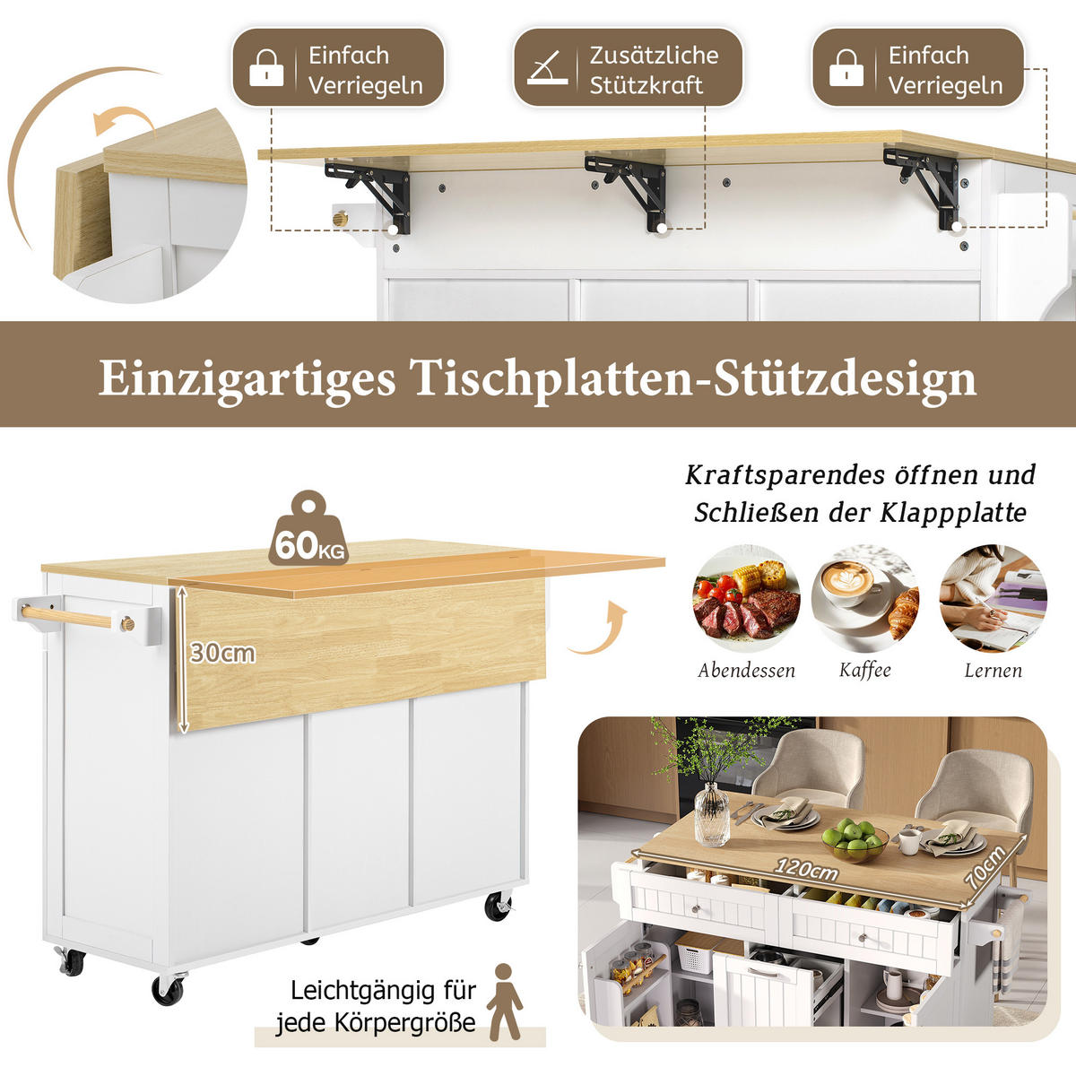 KÜCHENINSEL 140x40-70x92 cm Weiß mit Ausziehbarer Arbeitsplatte und Multifunktionsschubladen - Weiß, Holz/Holzwerkstoff (140/92/40cm) - Oxeza