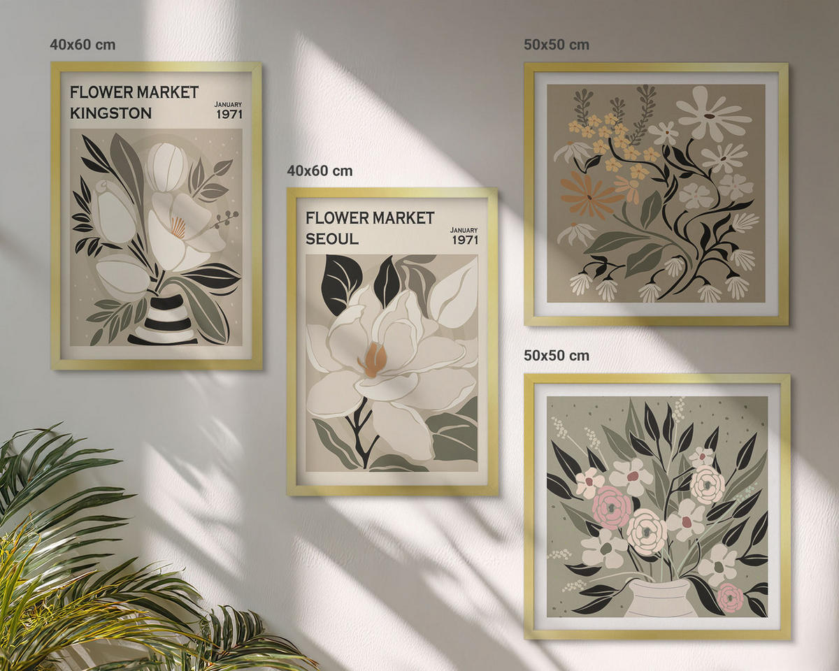 BILDER SET 4er Set - 50x50 cm & 40x60 cm Goldrahmen - Retro-Blumen aus Städten rund um die Welt - Goldfarben, Kunststoff (50/50cm) - TULUP