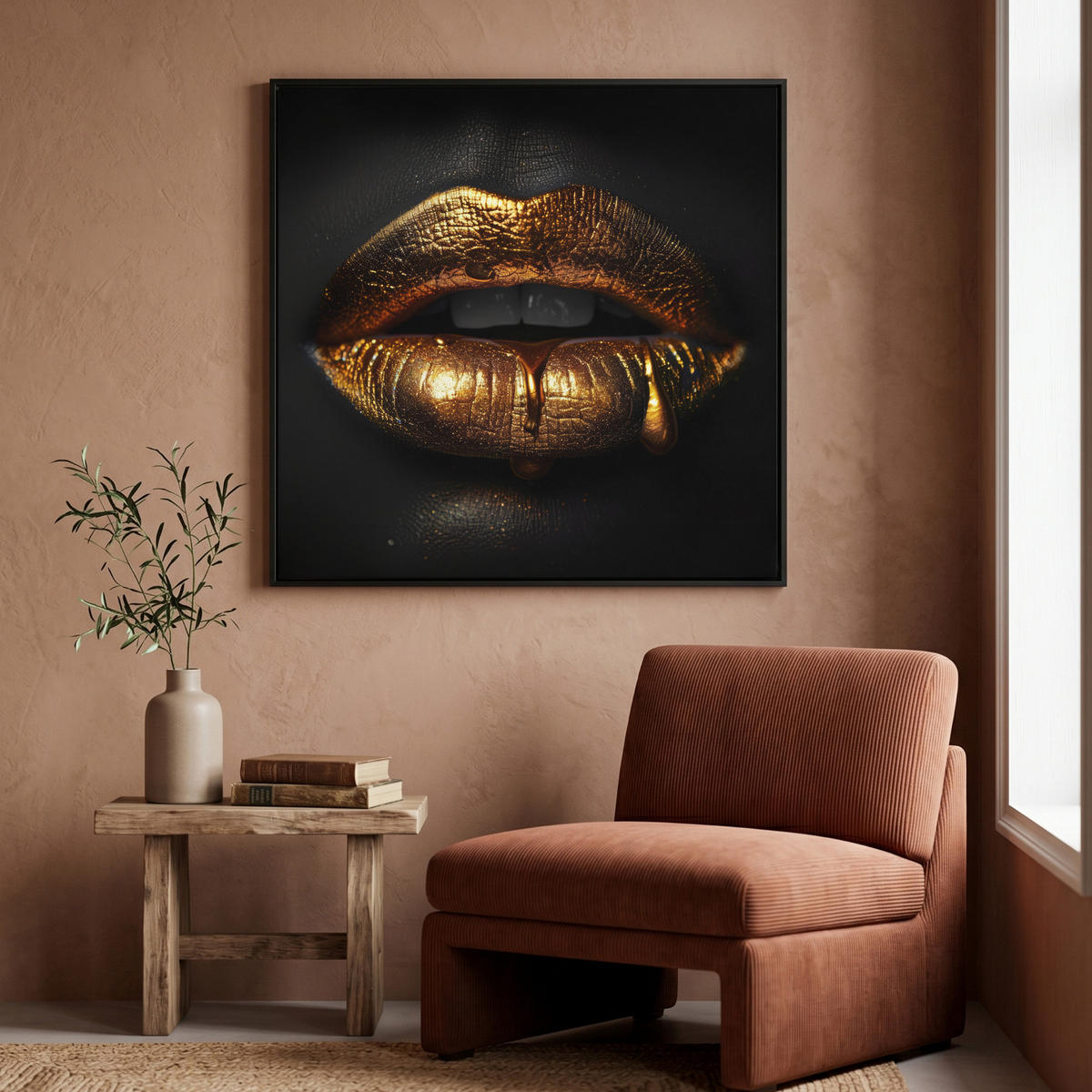 LEINWAND Bilder mit Rahmen - Frau - Porträt - Lippen - Gold - Schwarz - 90x90 - Schwarz, Textil (90/90cm) - MuchoWow