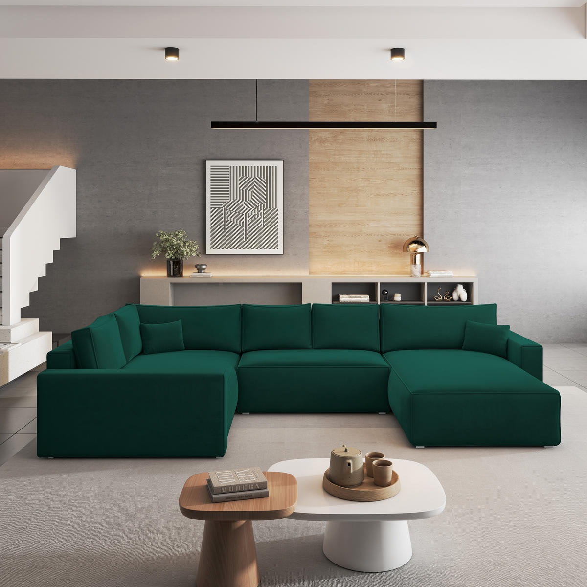 ROHOVÁ SEDAČKA VELAMI tmavě zelená - šedá/tmavě zelená, dřevo/textil (365/194cm) - MASSENO