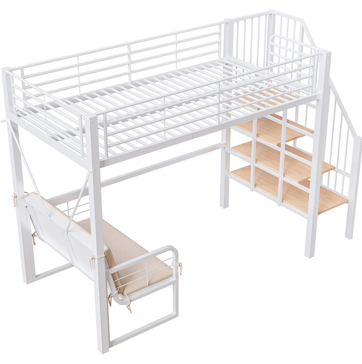 HOCHBETT 90/200 cm aus Metall und MDF mit abnehmbarem Polstersofa und Stauraumtreppe Weiß - Weiß, Metall (90/200cm) - Modenvie