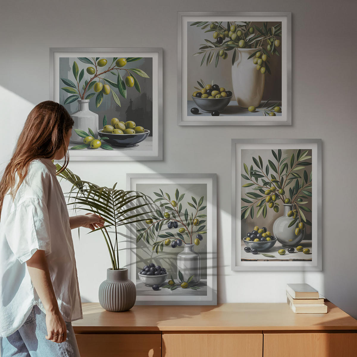 WANDBILDER 4er Set - 50x50 cm & 40x60 cm Silberner Rahmen - Oliven in Keramikgrau - Silberfarben, Kunststoff (50/50cm) - ArtPrintCave