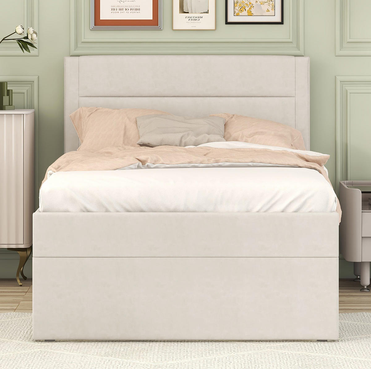POLSTERBETT 90/200 cm Beige mit Stauraum und Lattenrost aus MDF - Beige, Holzwerkstoff (90/200cm) - OKWISH