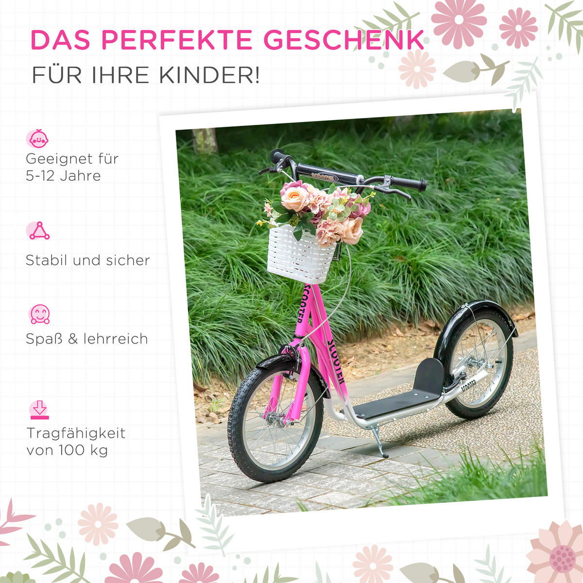 KINDERROLLER, Rosa+Weiß, Metall+ Kunststoff - Rosa, Metall (139/58/96cm) - HOMCOM