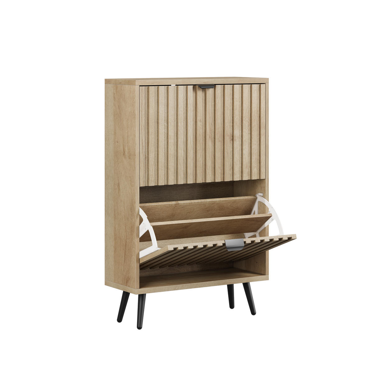 BOTNÍK v barvě dubu, styl Mid-Century, se 2 výklopnými přihrádkami - barva dubu, kompozitní dřevo (60/95/24cm) - Urban Meuble