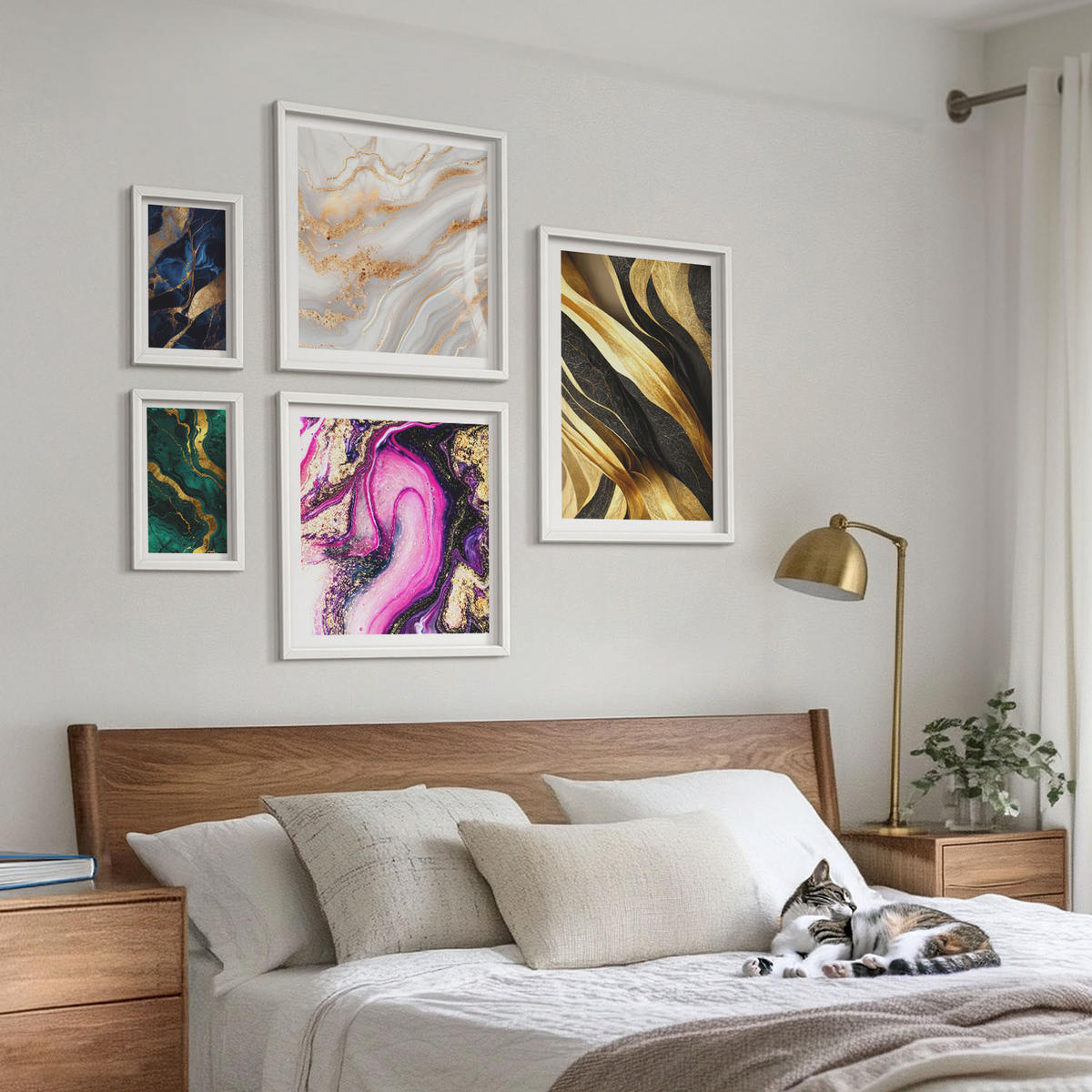 WANDBILDER 5er-Set - 50x50 cm & 20x30 cm & 40x60 cm Weißer Rahmen - Abstrakter Marmor mit Farben - Weiß, Kunststoff (40/60cm) - ArtPrintCave