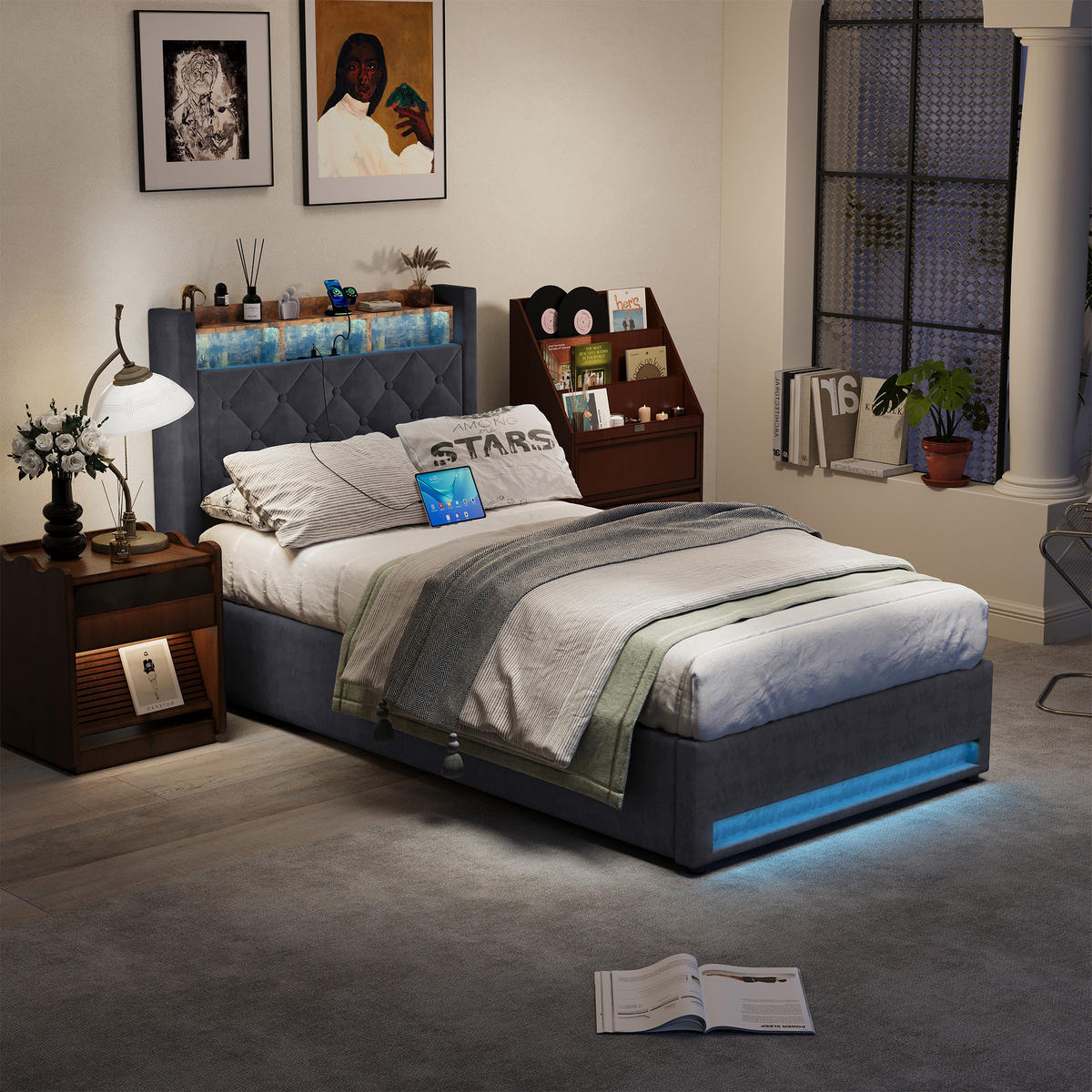 POLSTERBETT 90/200 cm mit Bettkasten und Steckdose Boxspringbett mit USB und LED-Licht Stauraumbett ohne Matratze - Grau, Holzwerkstoff/Textil (90/200cm) - STILVORA