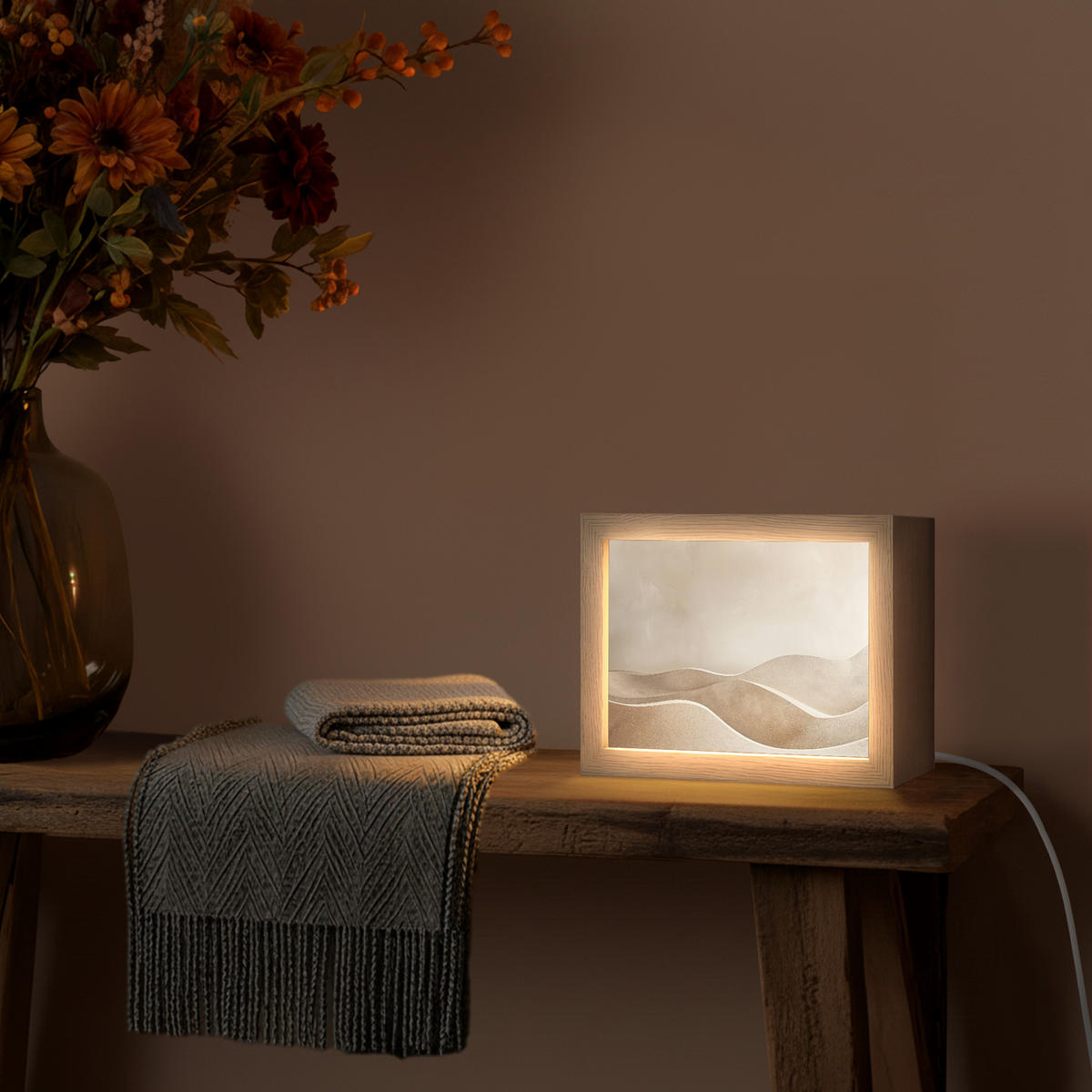 STOLNÍ LAMPA Béžová - Příroda - Abstraktní - Moderní 20x15 cm - šampaňská, kompozitní dřevo (8/20/15cm) - OnlyWow