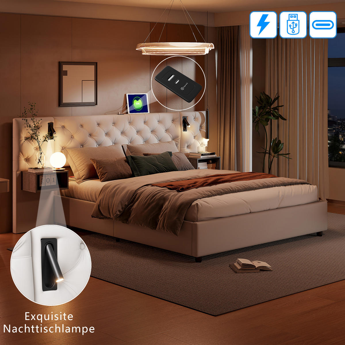 POLSTERBETT 160x200 cm, Beige, USB und Leselampe - Beige, Textil/Metall (160/200cm)