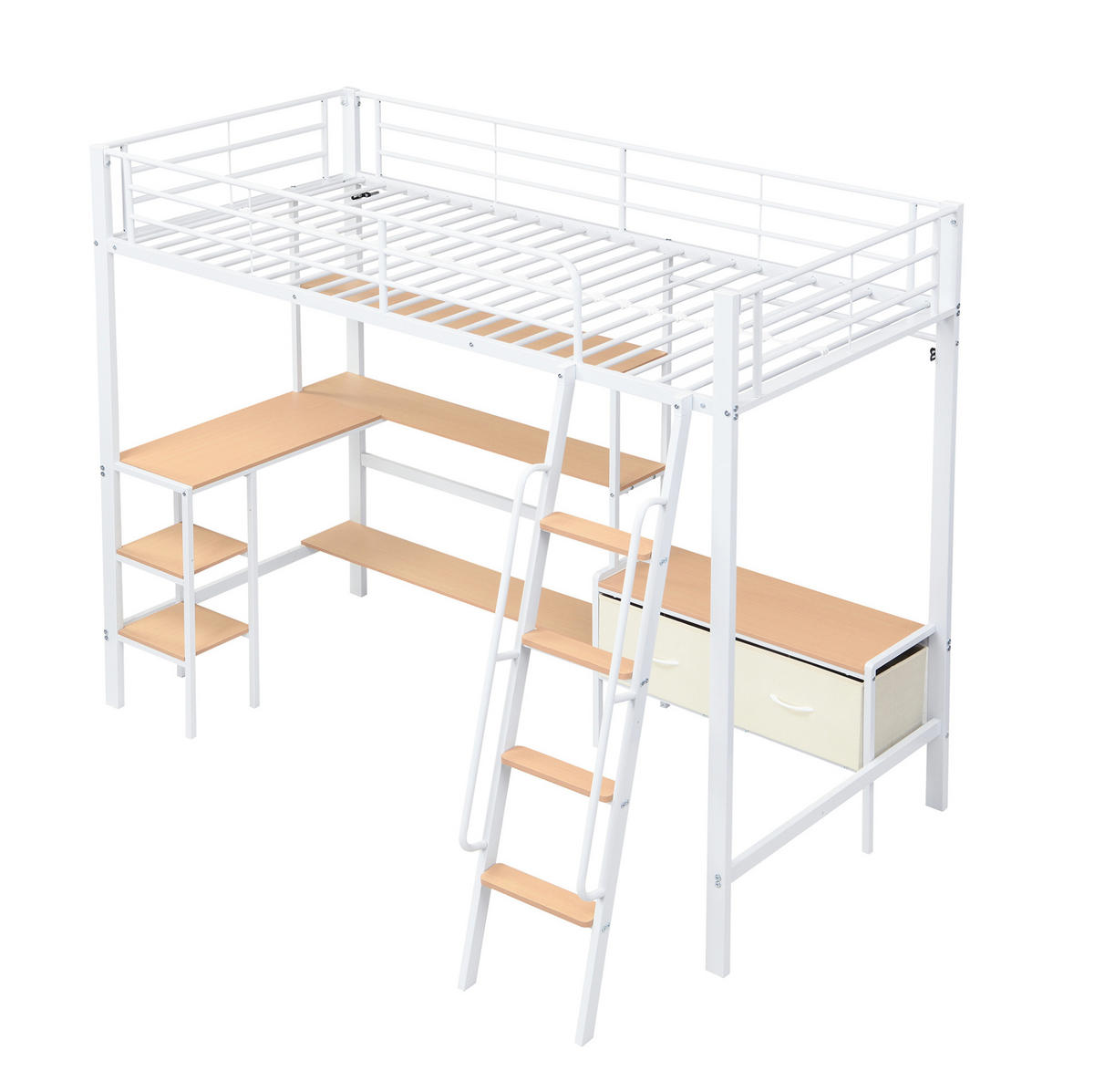 HOCHBETT mit Schreibtisch und Regal 90x200 cm Weiß/Natur - Weiß, Metall (90/200cm) - Beauniv