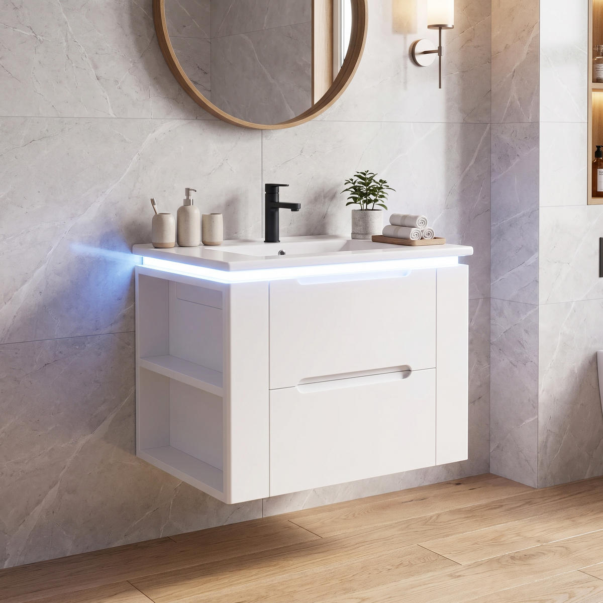 KOUPELNOVÁ SKŘÍŇKA S UMYVADLEM Bílá závěsná LED 61 cm - bílá, kompozitní dřevo (61/48.5/46cm) - Urban Meuble