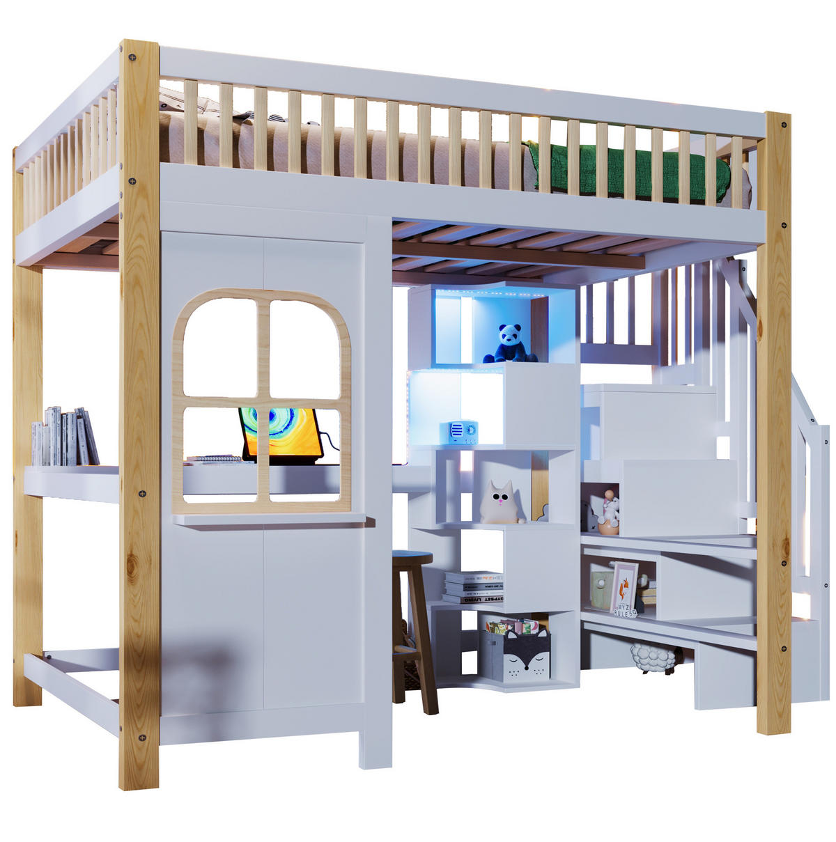 HOCHBETT 140/200 cm aus Kieferholz/MDF mit Schreibtisch, Ablageleiter und LED-Beleuchtung Weiß/Natur - Weiß, Holz (140/200cm) - Modenvie