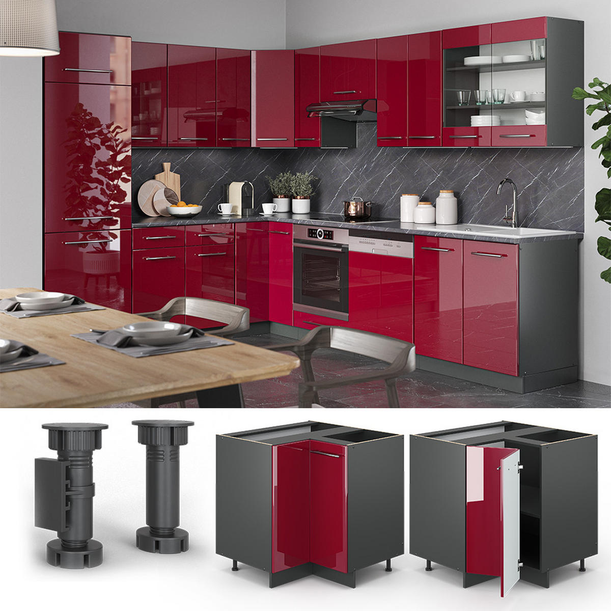 ECKUNTERSCHRANK Fame-Line Bordeaux Hochglanz 80.5 cm, AP Marmor - Bordeaux/Anthrazit, Holzwerkstoff (80.5/82/60cm) - Vicco