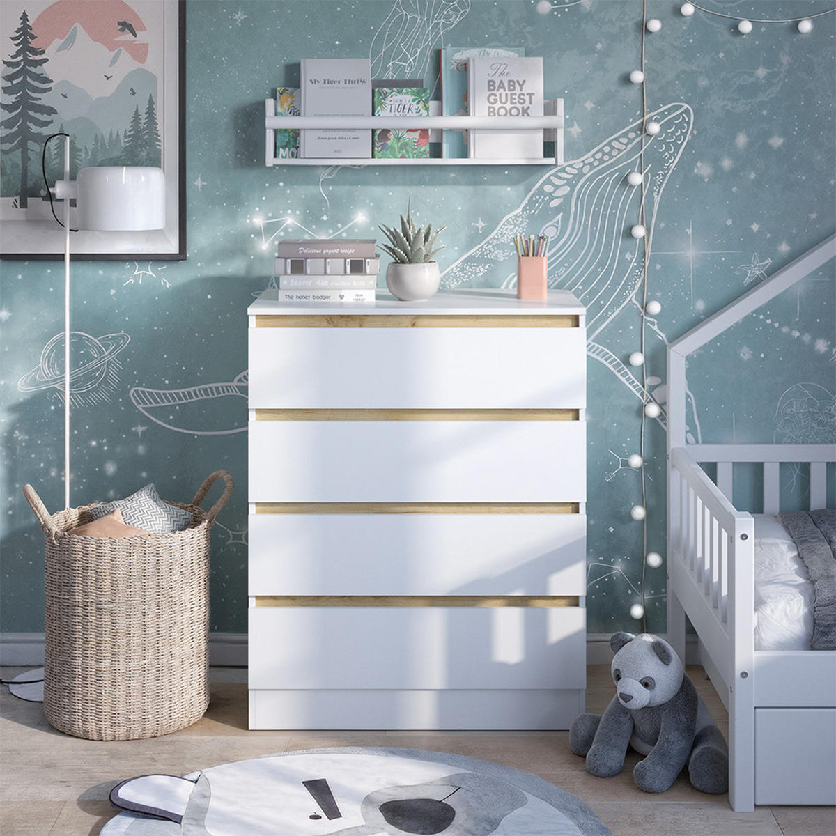 WICKELKOMMODE Emmi, Weiß/Goldkraft Eiche, 80 x 111.7 cm mit 4 Schubladen - Honigeiche/Weiß, Holzwerkstoff (80/111.7/76cm) - VitaliSpa