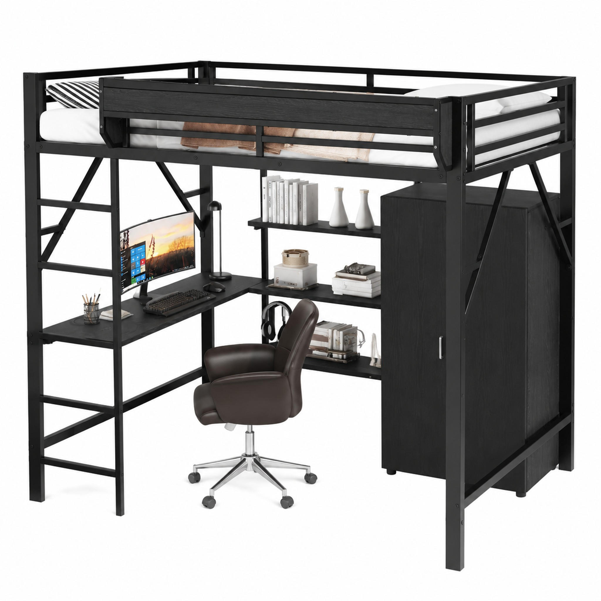 HOCHBETT mit Schreibtisch und Kleiderschrank 140x200 cm Metall MDF Schwarz - Schwarz, Metall (140/200cm) - Meubliv