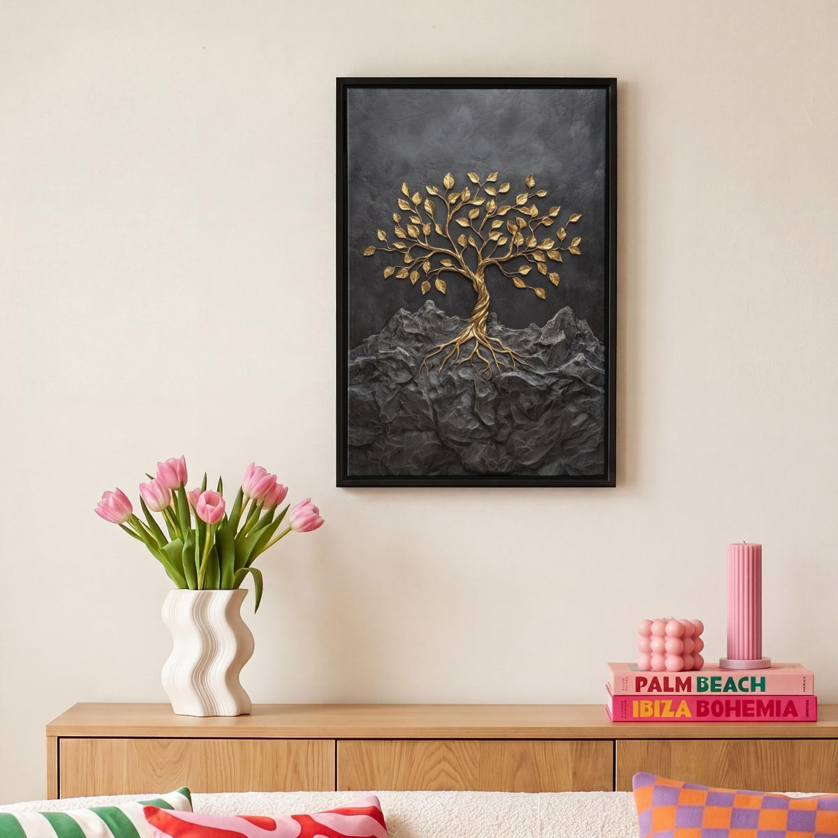 LEINWAND Bilder mit Rahmen - Blätter - Gold - Baum - Fels - 20x30 - Schwarz, Textil (20/30cm) - MuchoWow