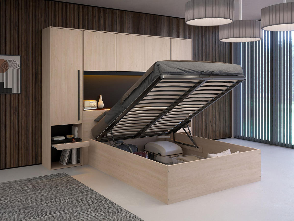 BETT mit Bettkasten - 2 Personen - Holz, Platte - Schwarz, Naturfarben Hell - Schwarz/Naturfarben, Holz (140/190cm) - Vente-Unique