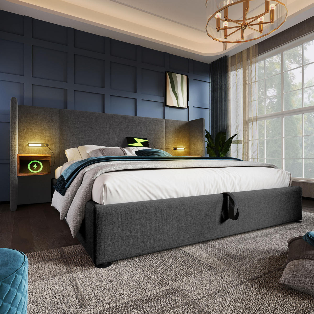 POLSTERBETT 160/200 cm mit Bettkasten, USB-C, Leselicht und Lattenrost in Grau - Grau, Textil (160/200cm) - BEAOK