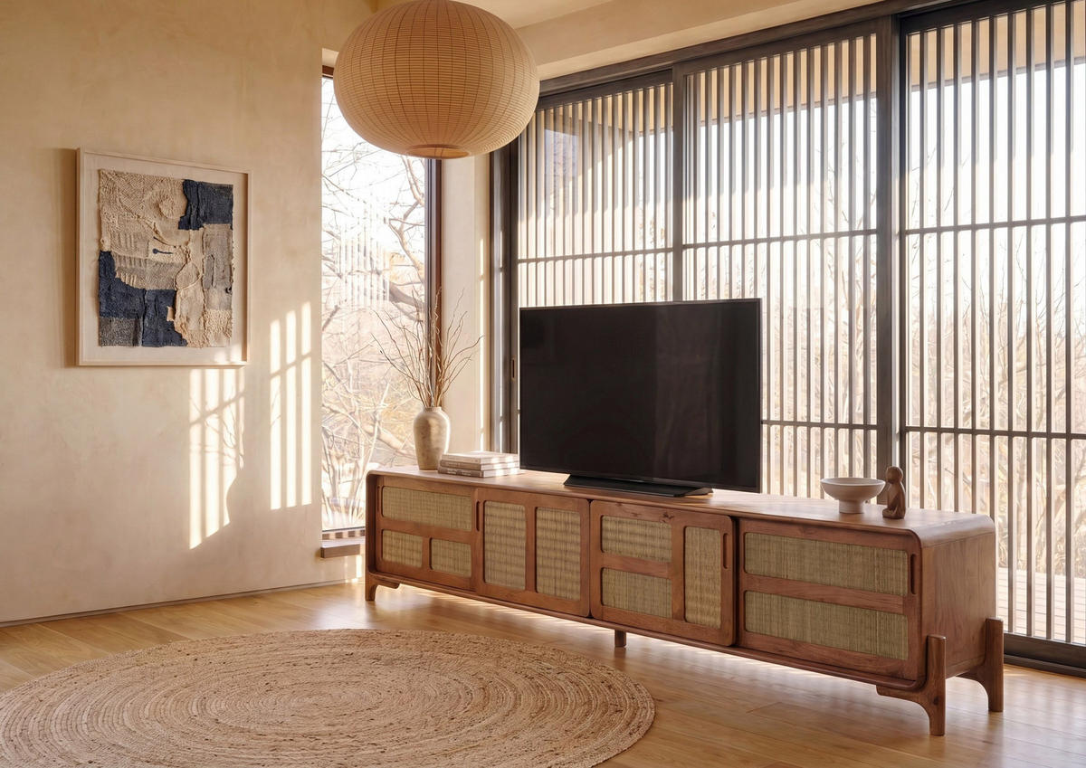 TV-BOARD Mango/Seegras 240x40x50 hellbraun lackiert MIZUMI #107 - Braun, Holz (240/50/40cm) - Massivmoebel24
