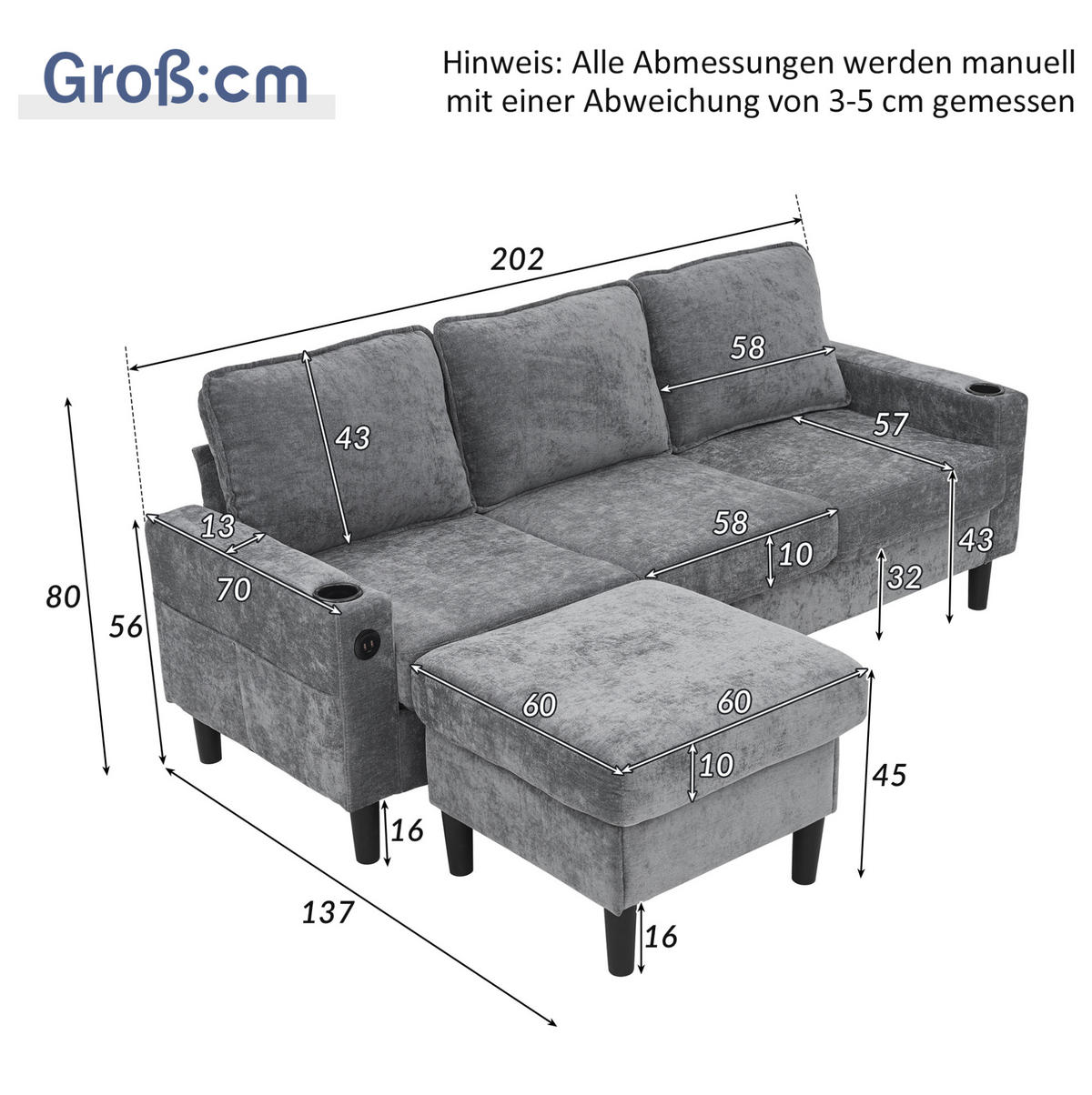 ECKSOFA L-Form Leinen mit USB-Anschluss und Typ-C Getränkehalter 202/137/80 cm Grau - Grau, Textil (137/202cm) - Redom
