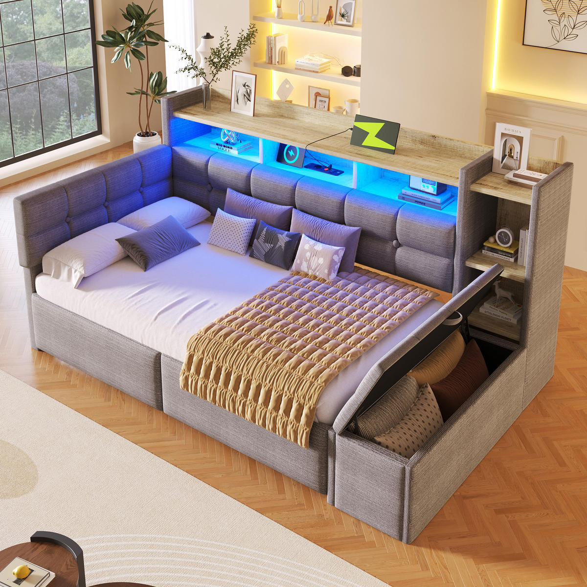 TAGEBETT 90x190cm Grau Samt 2 Schubladen USB LED-Licht - Grau, Holz (90/190cm) - FLIEKS