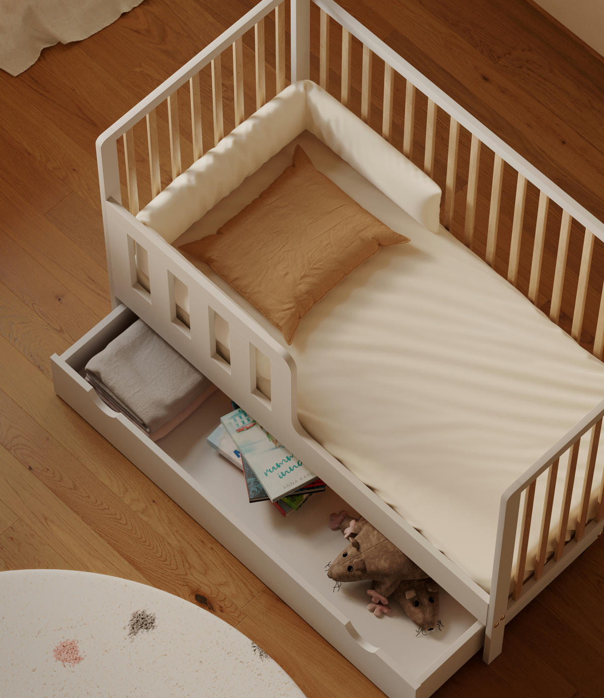 BABYBETT Skäli mit Matratze und Schublade - Weiß/Naturfarben, Holz - kiki design