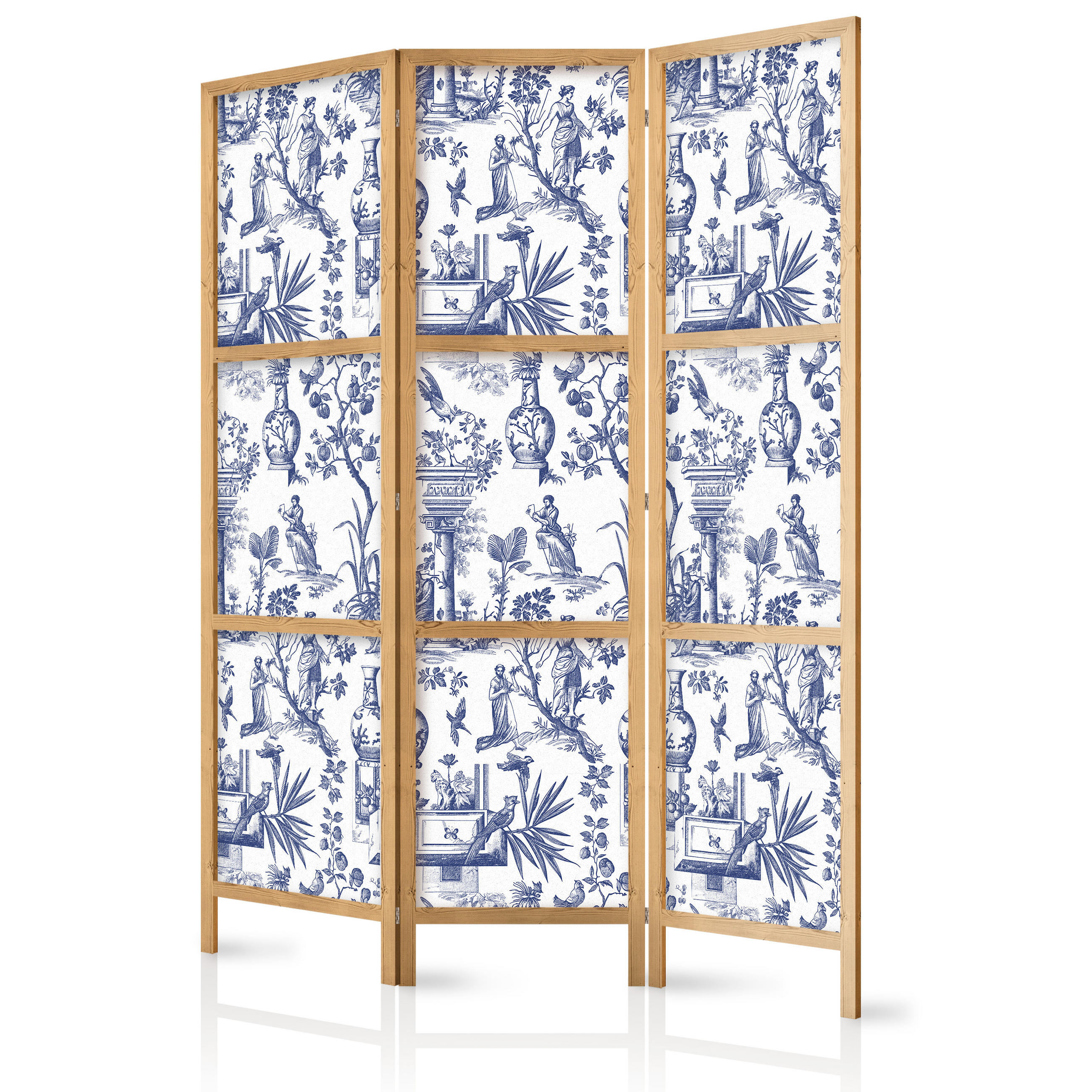 PARAVENT Japanischer 3-tlg 135x172 cm Rom Botanik - Blau, Holz/Textil (135/172/3cm) - Muralo