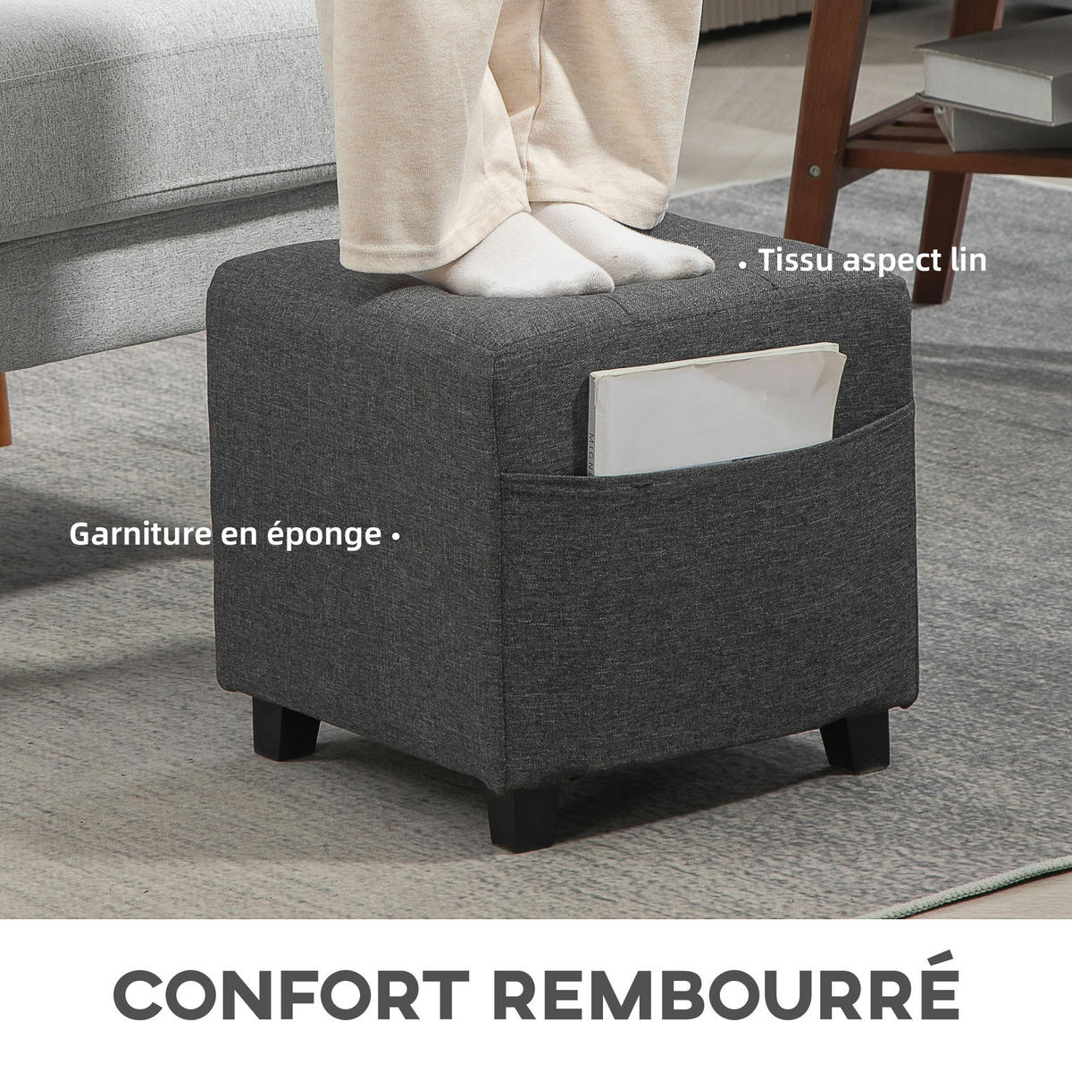 HOCKER DE-16456 mit Seitentasche und Knopfheftung Grau - Grau, Holzwerkstoff (35/35/35cm) - ComfortXL