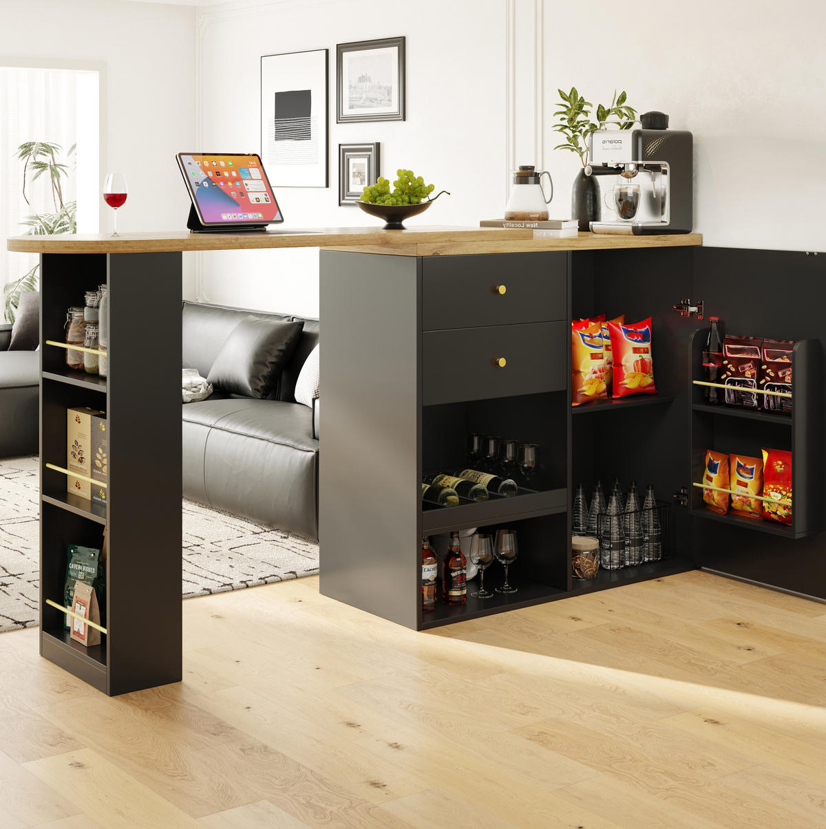 DREHBARER Bartisch/Schrank aus MDF, 105/39/102 cm + drehbares Regal, Schwarz, mit 4 Schubladen - Schwarz, Holzwerkstoff (39/102/105cm) - Redom