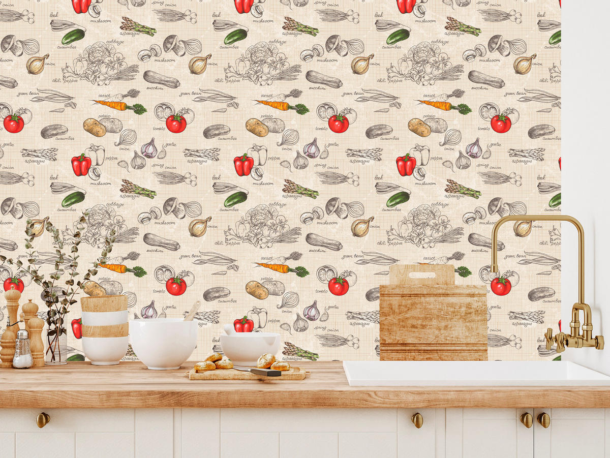 VLIESTAPETE Gemüse und Schriftzüge im Retro-Stil – Bunt, Beige – 50x1000 cm - Beige/Multicolor, Papier (50/1000cm) - Muralo