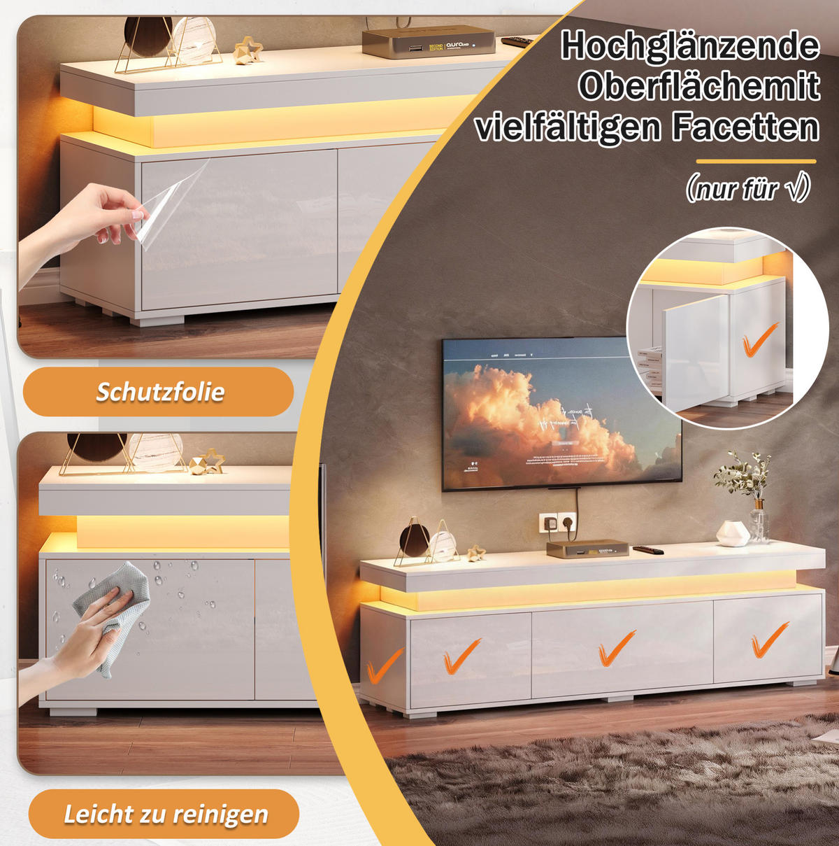 TV stolek 150/35/43 cm se 3 dvířky, 4 přihrádkami, LED osvětlením a vysokým leskem, bílá dřevotříska - bílá, kompozitní dřevo (150/43/35cm) - Redom