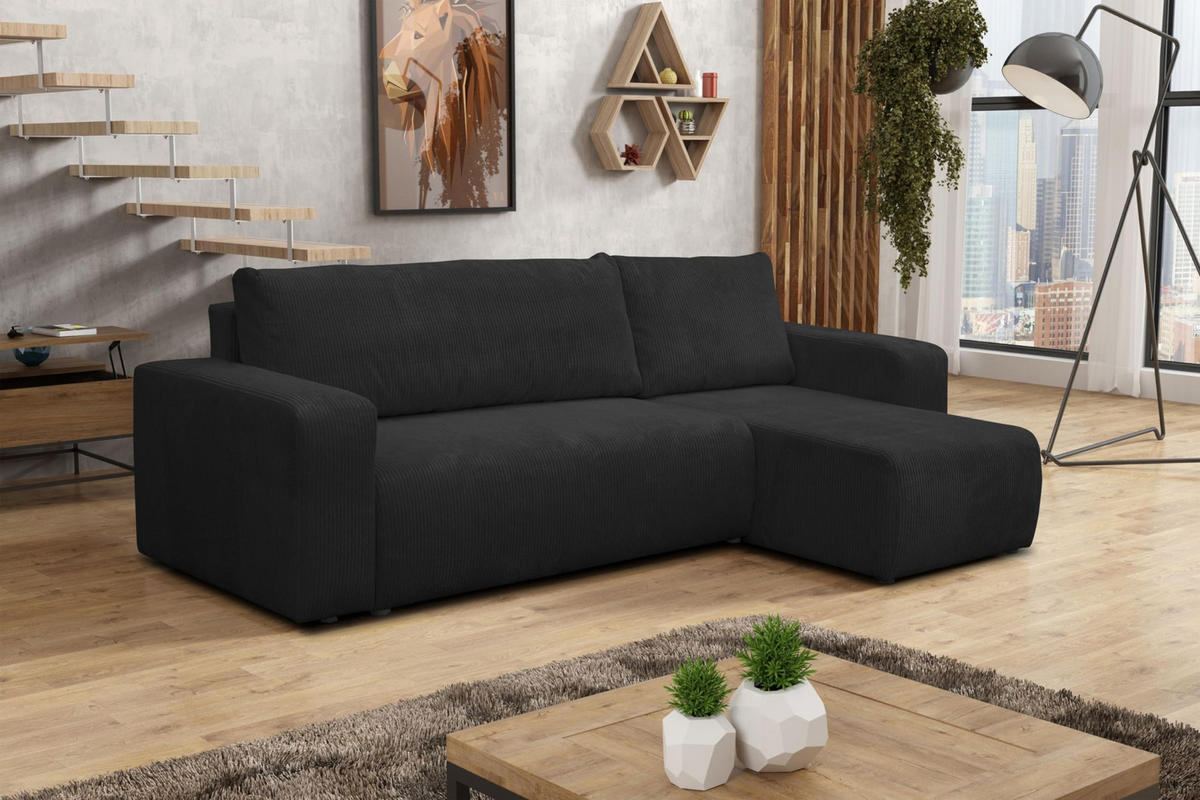 ECKSOFA LUNA mit Schlaffunktion und Bettkasten Cord-Stofff (Schwarz) - Schwarz, Textil (244/142cm) - VENASI MÖBEL