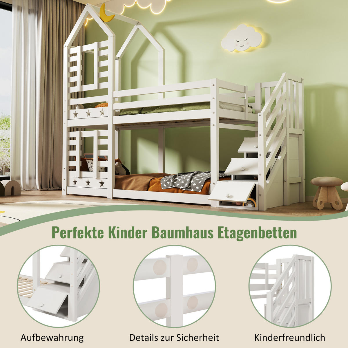 ETAGENBETT 90/200 cm mit Treppe, Schubladen, Rausfallschutz und Stauraum aus Holz, Weiß - Weiß, Holzwerkstoff - Redom